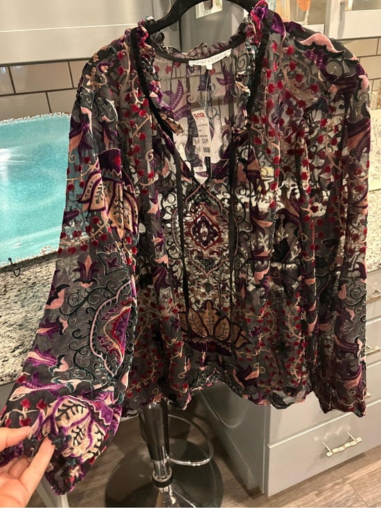 Violet & Claire Tops - Velvet Paisley Peasant Blouse - Purple Multi